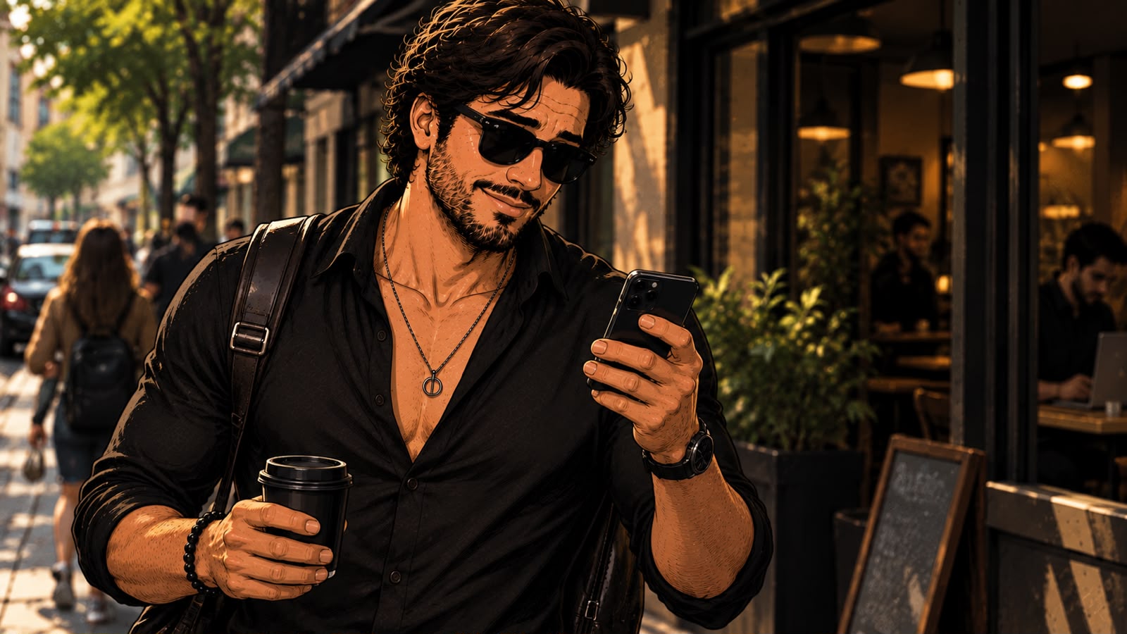 Tuco na rua com mochila, café e celular na mão